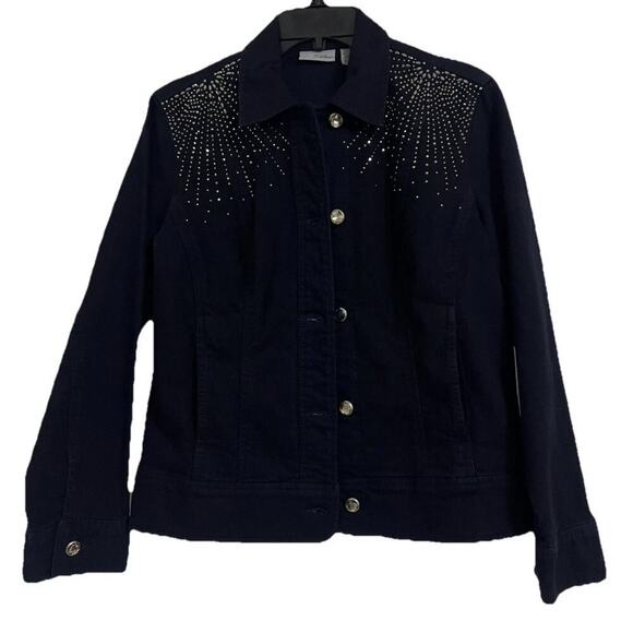 CHICO’S 3 Platinum Embellished BLING Black Denim Jacket XL w/ Rhinestones NWOT - Picture 2 of 8